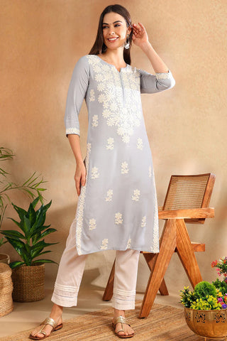 Blue & White Viscose Rayon Floral Embroidered Chikankari Detailing Straight Shape Kurta