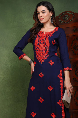 Blue Viscose Rayon Floral Embroidered Chikankari Detailing Straight Shape Kurta