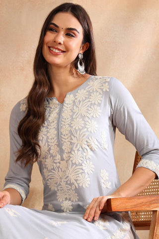 Blue & White Viscose Rayon Floral Embroidered Chikankari Detailing Straight Shape Kurta