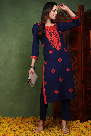 Blue Viscose Rayon Floral Embroidered Chikankari Detailing Straight Shape Kurta