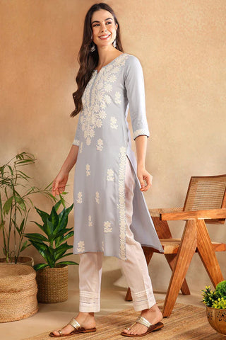 Blue & White Viscose Rayon Floral Embroidered Chikankari Detailing Straight Shape Kurta