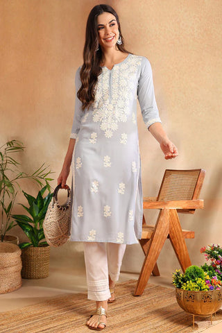 Blue & White Viscose Rayon Floral Embroidered Chikankari Detailing Straight Shape Kurta