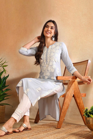 Blue & White Viscose Rayon Floral Embroidered Chikankari Detailing Straight Shape Kurta
