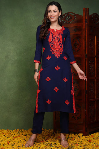 Blue Viscose Rayon Floral Embroidered Chikankari Detailing Straight Shape Kurta