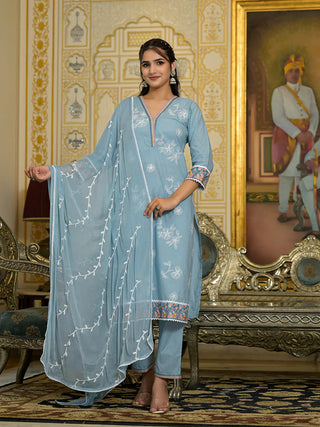 Blue Cotton Thread Embroidered Chikankari Suit Set with Silk Chiffon Dupatta