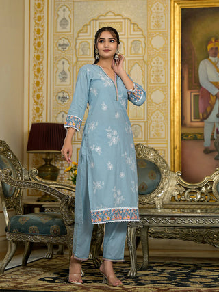 Blue Cotton Thread Embroidered Chikankari Suit Set with Silk Chiffon Dupatta