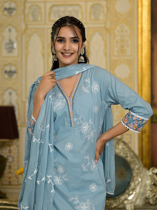 Blue Cotton Thread Embroidered Chikankari Suit Set with Silk Chiffon Dupatta