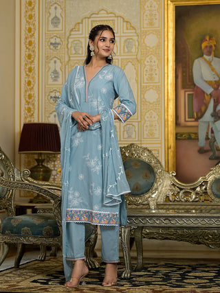 Blue Cotton Thread Embroidered Chikankari Suit Set with Silk Chiffon Dupatta