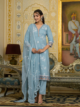 Blue Cotton Thread Embroidered Chikankari Suit Set with Silk Chiffon Dupatta