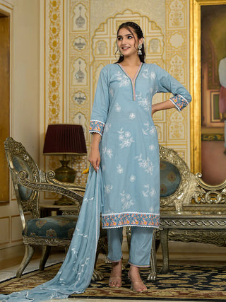 Blue Cotton Thread Embroidered Chikankari Suit Set with Silk Chiffon Dupatta