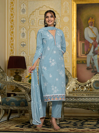 Blue Cotton Thread Embroidered Chikankari Suit Set with Silk Chiffon Dupatta