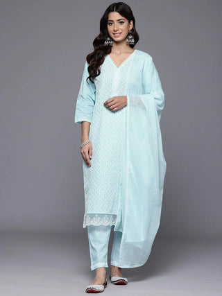 Blue Cotton Blend Chikankari Suit Set with Silk Chiffon Dupatta