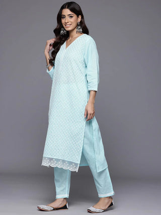 Blue Cotton Blend Chikankari Suit Set with Silk Chiffon Dupatta