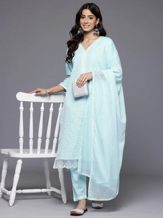 Blue Cotton Blend Chikankari Suit Set with Silk Chiffon Dupatta