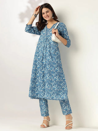 Indigo Cotton Floral Print Kurta Bottom Co-Ord Set