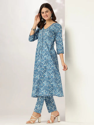 Indigo Cotton Floral Print Kurta Bottom Co-Ord Set