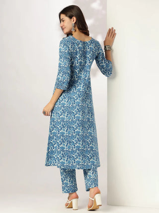 Indigo Cotton Floral Print Kurta Bottom Co-Ord Set