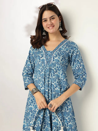 Indigo Cotton Floral Print Kurta Bottom Co-Ord Set