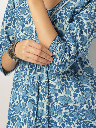 Indigo Cotton Floral Print Kurta Bottom Co-Ord Set