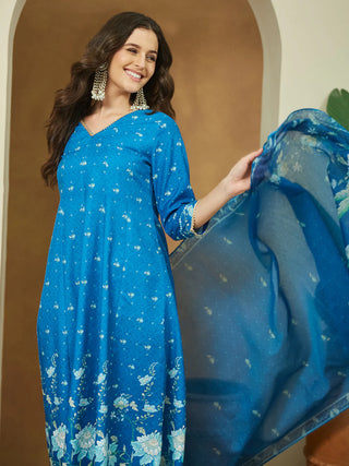 Blue Cotton Blend Floral Print Anarkali Shape Suit Set with Chanderi Blend Dupatta