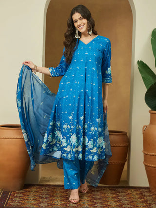 Blue Cotton Blend Floral Print Anarkali Shape Suit Set with Chanderi Blend Dupatta