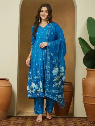 Blue Cotton Blend Floral Print Anarkali Shape Suit Set with Chanderi Blend Dupatta