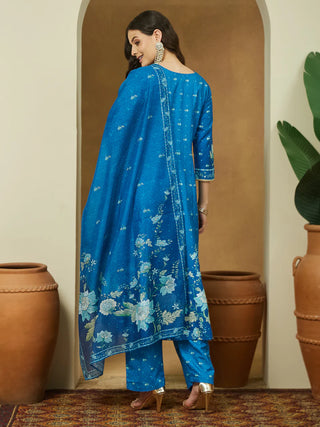 Blue Cotton Blend Floral Print Anarkali Shape Suit Set with Chanderi Blend Dupatta