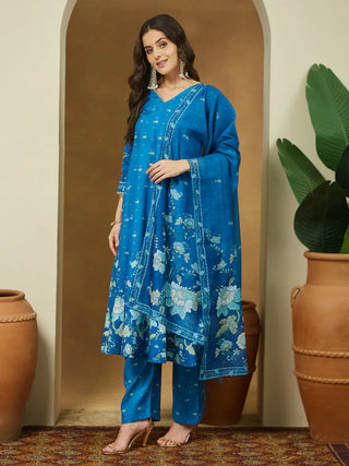 Blue Cotton Blend Floral Print Anarkali Shape Suit Set with Chanderi Blend Dupatta