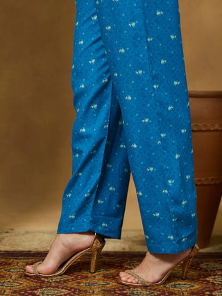 Blue Cotton Blend Floral Print Anarkali Shape Suit Set with Chanderi Blend Dupatta