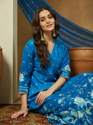 Blue Cotton Blend Floral Print Anarkali Shape Suit Set with Chanderi Blend Dupatta