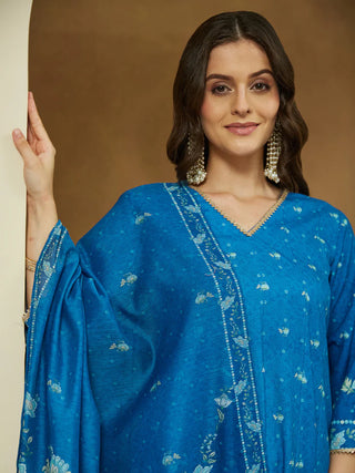 Blue Cotton Blend Floral Print Anarkali Shape Suit Set with Chanderi Blend Dupatta