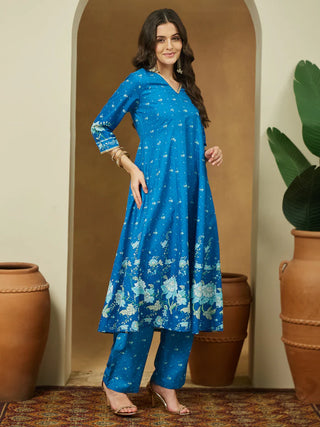 Blue Cotton Blend Floral Print Anarkali Shape Suit Set with Chanderi Blend Dupatta