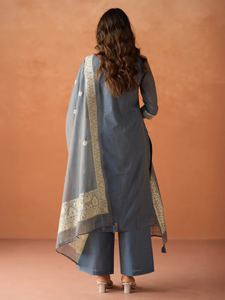 Blue Cotton Blend Jacquard Woven Suit Set with Organza Dupatta