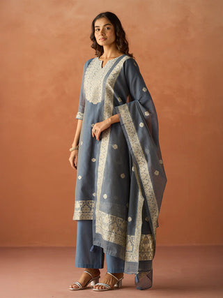 Blue Cotton Blend Jacquard Woven Suit Set with Organza Dupatta