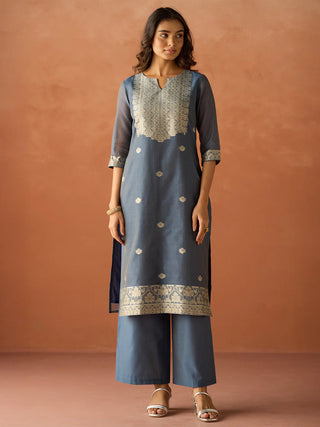 Blue Cotton Blend Jacquard Woven Suit Set with Organza Dupatta