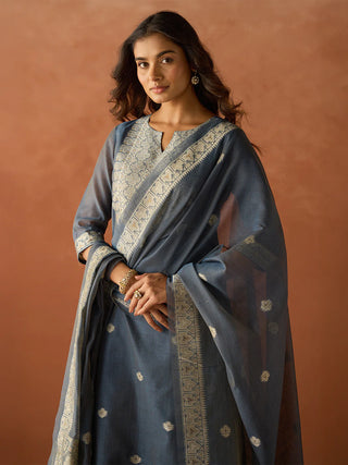 Blue Cotton Blend Jacquard Woven Suit Set with Organza Dupatta