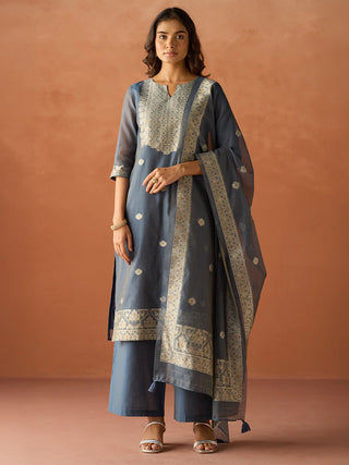 Blue Cotton Blend Jacquard Woven Suit Set with Organza Dupatta