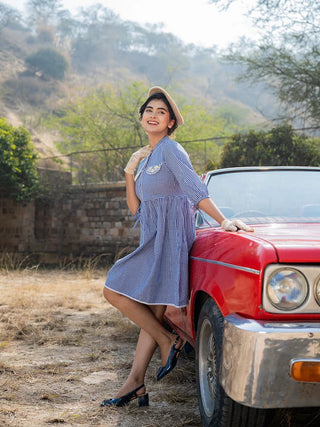 Blue & White Cotton Checked Print Flared Dress