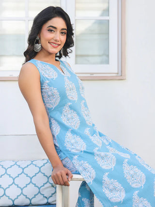Blue Pure Cotton Floral Print Kurta Bottom Set