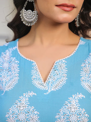 Blue Pure Cotton Floral Print Kurta Bottom Set