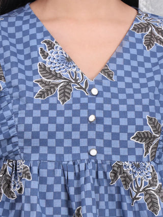 Blue Cotton Printed Pleated Top