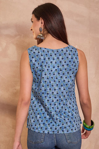 Blue Cotton Blend Regular Style Floral Print Kurta