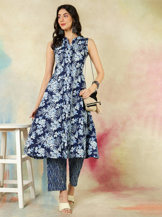 Blue Cotton Printed Sleeveless Kurta Bottom Set