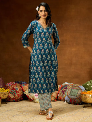 Blue Pure Cotton Printed Straight Shape Kurta Bottom Set