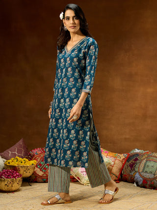 Blue Pure Cotton Printed Straight Shape Kurta Bottom Set