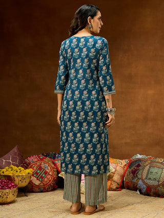 Blue Pure Cotton Printed Straight Shape Kurta Bottom Set