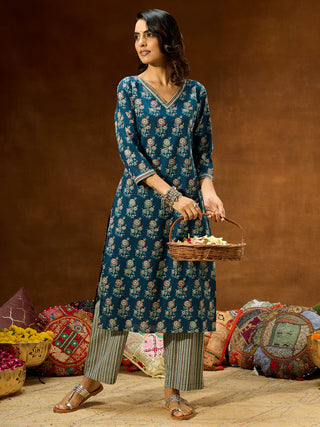 Blue Pure Cotton Printed Straight Shape Kurta Bottom Set