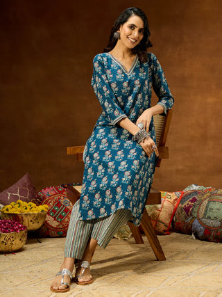 Blue Pure Cotton Printed Straight Shape Kurta Bottom Set