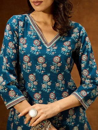 Blue Pure Cotton Printed Straight Shape Kurta Bottom Set