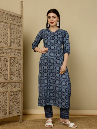 Blue Pure Cotton Printed Straight Shape Suit Set with Dupatta